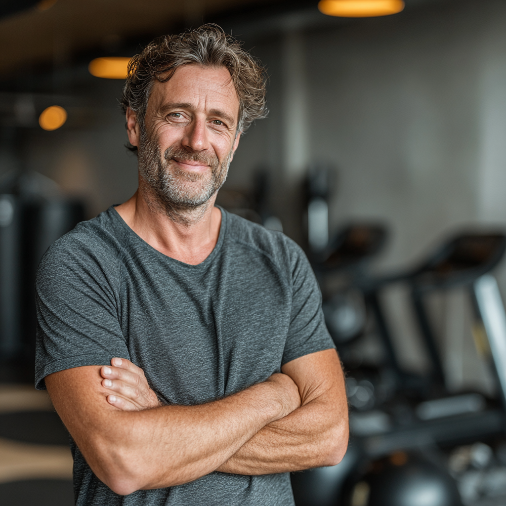Confident middle-aged man in his 50s wearing casual fitness attire after successful workout session, smiling proudly in modern gym environment