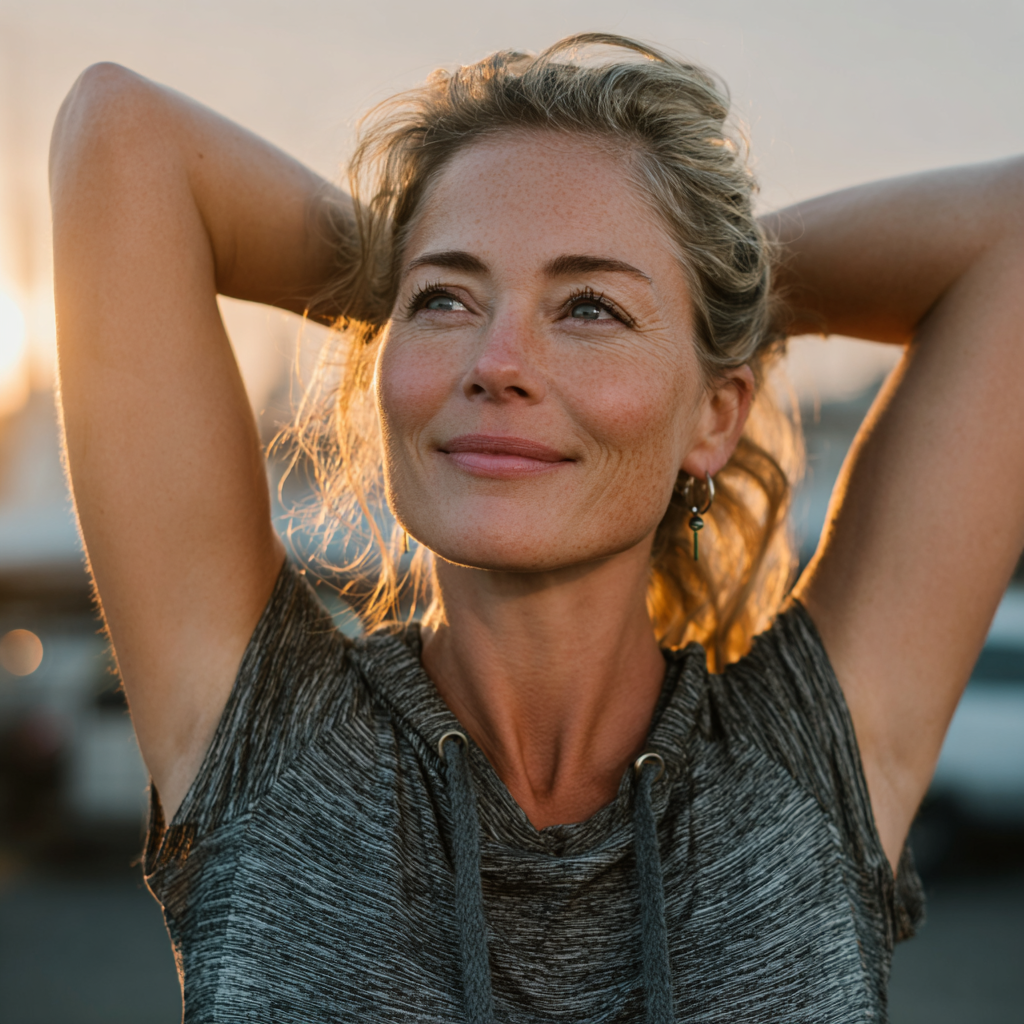 Mature woman in her 40s performing stretching exercises outdoors with confident smile and athletic wear, demonstrating healthy active lifestyle